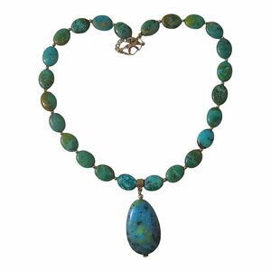 Turquoise Nugget Bead Necklace Oval Pendant Sterling Silver Clasp Southwestern
